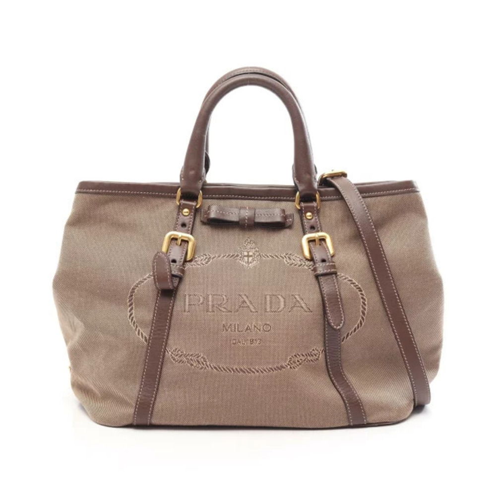 Prada Jacquard Ribbon Handbag Canvas Leather Beige Cream Brown